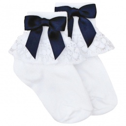 Girls White Lace Socks with Navy Satin Bows